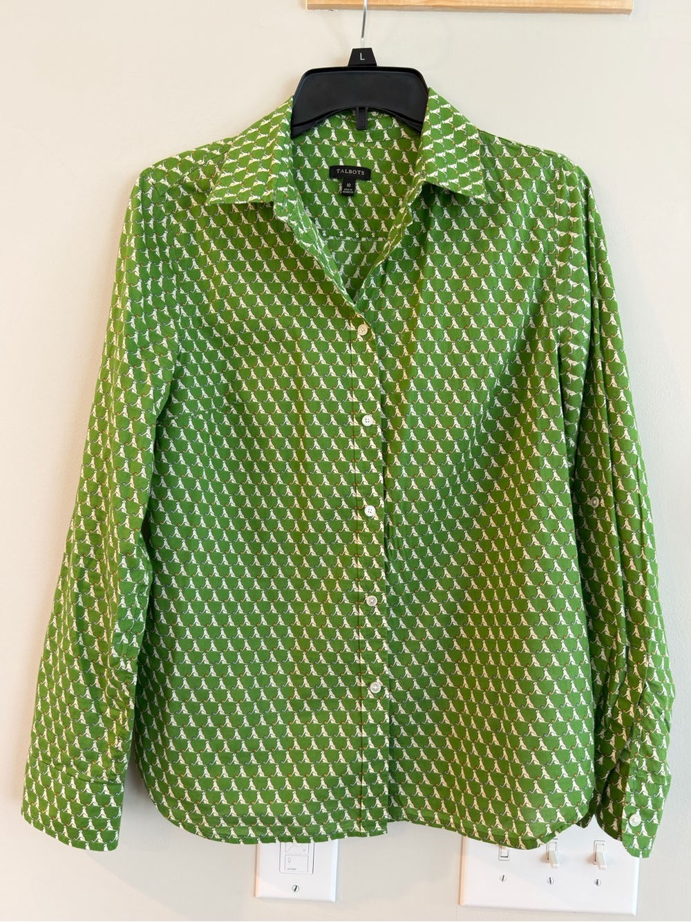 Talbots Green Dog-Print Button Front Shirt